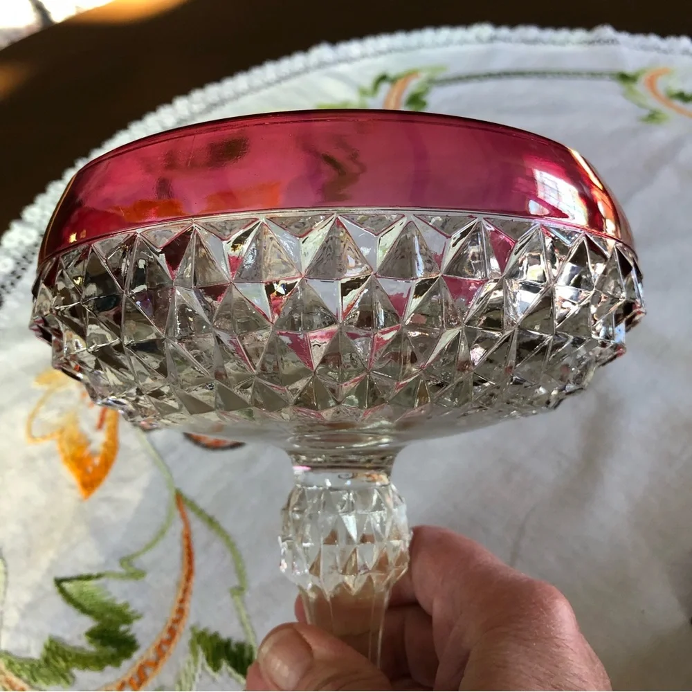 Vintage Indiana Glass Diamond Cut Pedestal Compote Dish. Ruby Flashing. 7.5